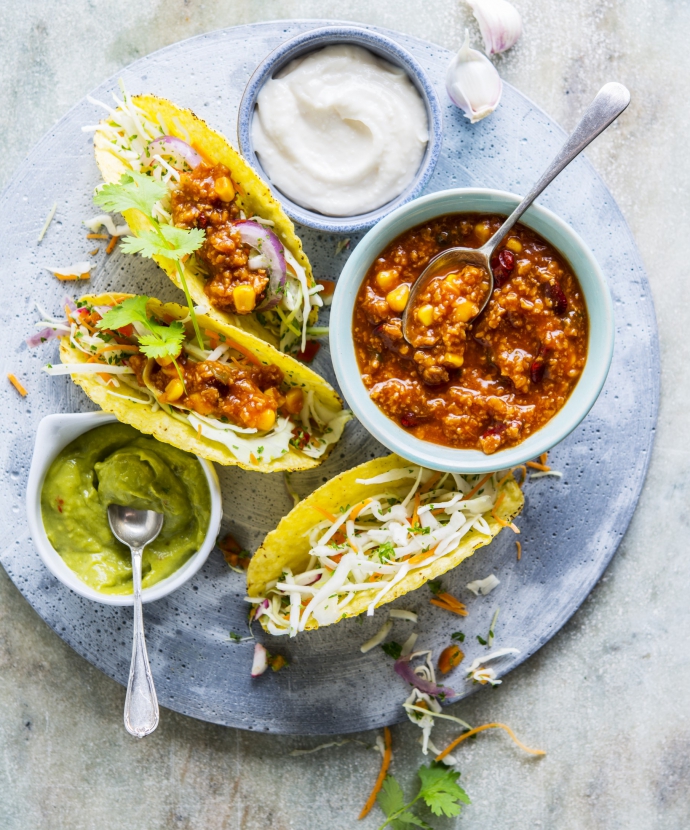 taco chili sin carne | vegetarische chili con carne | guacamole met aioli | Cook & Create
